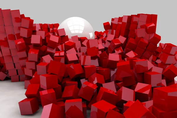 Field of red cubes destroyed by large white ball. 3D render imag — Stock Photo, Image