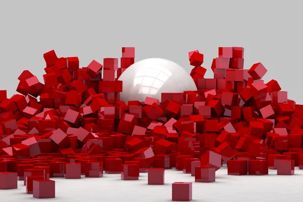 大きな白いボールによって破壊された赤いキューブのフィールド。3 d レンダリング imag — ストック写真