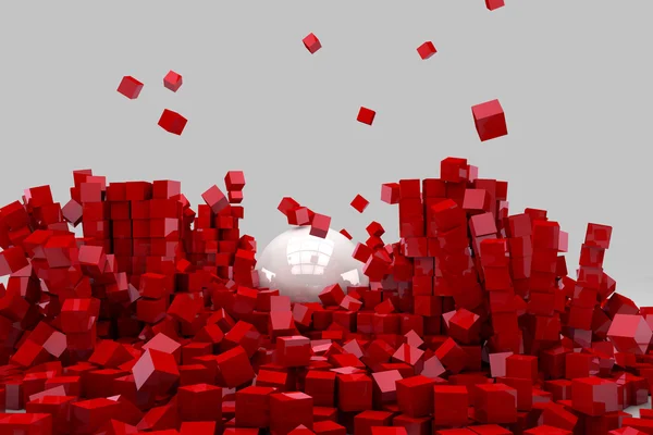 Field of red cubes destroyed by large white ball. 3D render imag — Stock Photo, Image