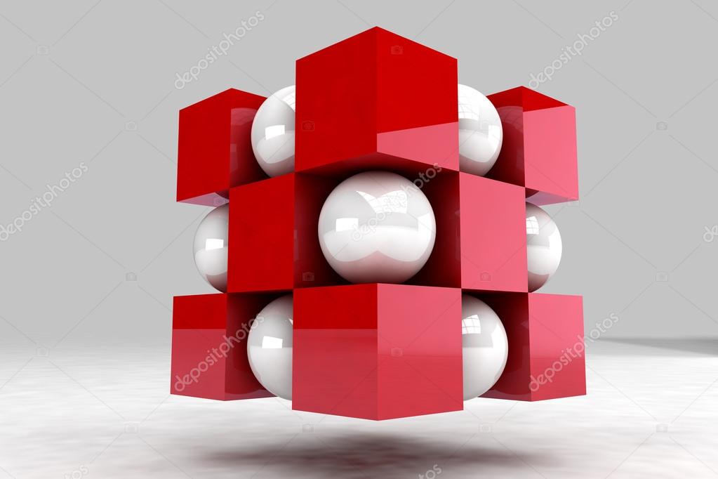 Geometric body made of white balls and red cubes. 3D render imag