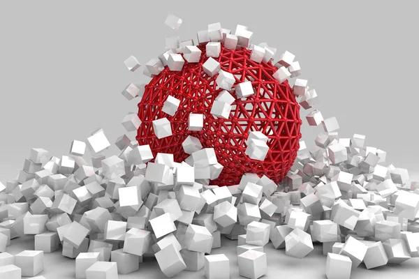 Crash de cubes blancs et sphère creuse. Image de rendu 3D . — Photo