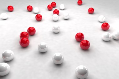 Beyaz ve kırmızı topları bir sürü etkileşim. 3D render resim.
