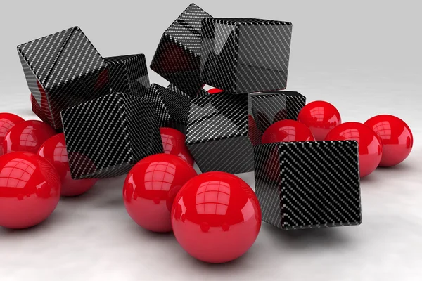 Röda bollar interagera med svart kol kuber. 3D render-bild. — Stockfoto