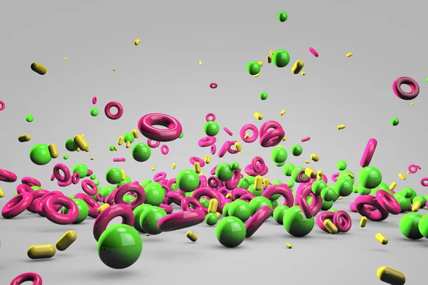 Explosion of different 3D objects in empty space — Stock Photo, Image