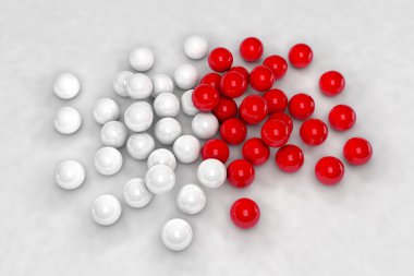 Beyaz ve kırmızı topları bir sürü etkileşim. 3D render resim