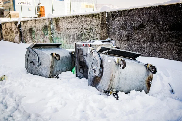 Recipientes de lixo derrubados durante o inverno forte e nevado — Fotografia de Stock