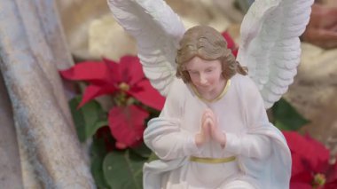 Katolik İsa 'nın doğumu sahnesi. Noel dini kırmızı çiçeklerle dolu bir hayat Dua ve inanç ayrıntıları