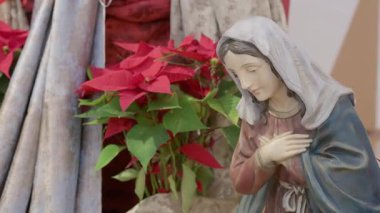 Bakire Meryem ile Katolik İsa 'nın doğumu sahnesi. Noel dini kırmızı çiçeklerle dolu bir hayat Dua ve inanç ayrıntıları