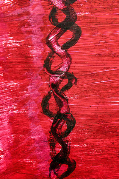 Abstract black and red hand painted acrylic brush strokes and splatter that looks like DNA