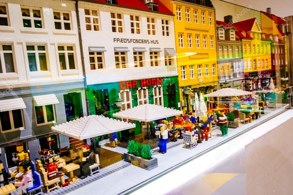 COPENHAGEN, DENMARK - JANUARY 3, 2015: Lego figurines and forms the Lego store showing Nyhavn neighborhoodin in Copenhagen, Denmark.