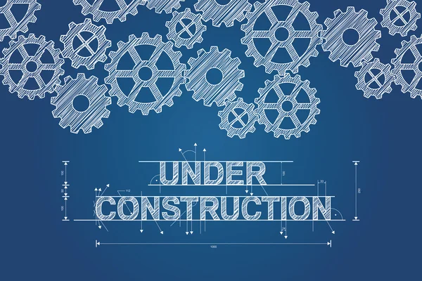 Under construction blueprint concept, sketched drawing with gear wheels. Technical drawing, scribble style. Vector illustration. — Stock Vector