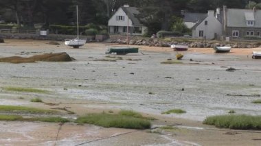 Ploumanach, Brittany, Fransa 'nın pembe granit sahillerinde muhteşem pembe parlak kaya oluşumlarıyla yürüyün.