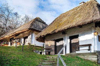 Burgenland Heiligenbrunn 'da bir şarap pres evinin çatısında. Bu şarap mahzeni sokağı Burgenland ve Avusturya 'daki en güzel Kellergasse' lerden biridir. 13.02.2021