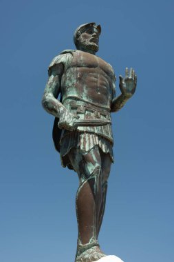 Statue of Miltiades (Miltiades the Younger) the General who defeated with the greek Army the invading Persians at the Battle of Marathon in 490 BC. Bronze statue, Tomb of the Athenians, Archaeological Site of Marathon, Attica, Greece