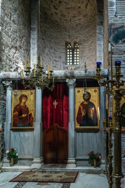 Interior View and golden mosaic on walls and ceiling of the byzantine monastery of Hosios Loukas (Holy Lucas) in Greece.