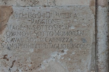 Pula şehrinin ortaçağ rahatlama cephesinin ayrıntıları. Hırvatistan