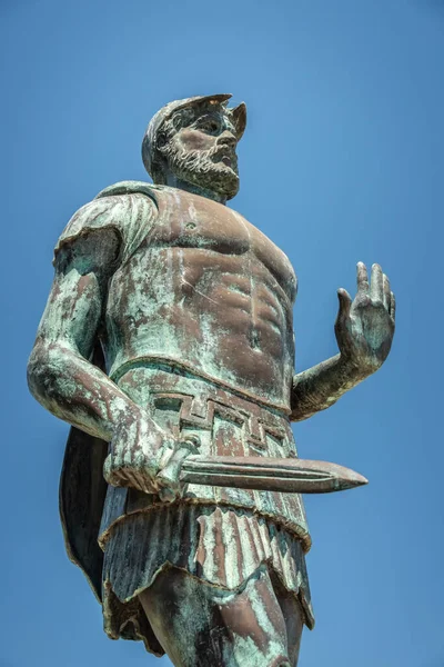 Statue of Miltiades (Miltiades the Younger) the General who defeated with the greek Army the invading Persians at the Battle of Marathon in 490 BC. Bronze statue, Tomb of the Athenians, Archaeological Site of Marathon, Attica, Greece