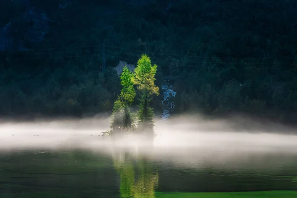 Nevoeiro Sobre Gosausee Lake Início Manhã — Fotografia de Stock