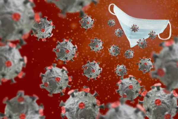 Medical mask protects against a virus attack on a red background