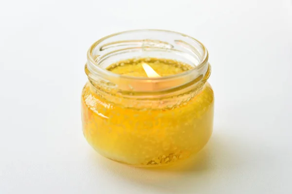 Yellow Lighted Candle Transparent Jar — Stock Photo, Image