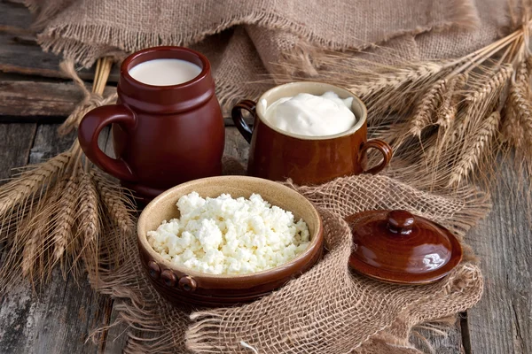 Tasty dairy products on sackcloth background — Stock Photo, Image