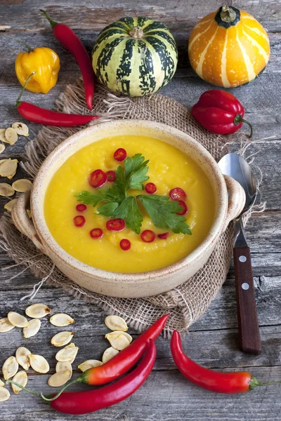 Pumpa sopumpkin soppa och råa pumpkinup och råa pumpan — Stockfoto