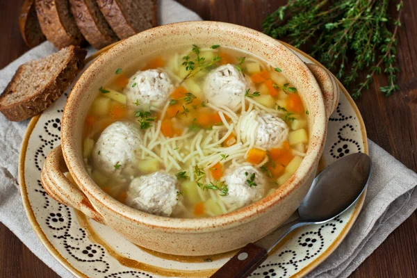 Chicken Soup Noodles Meatballs Bowl Selective Focus Shallow Depth Field — Stock Photo, Image