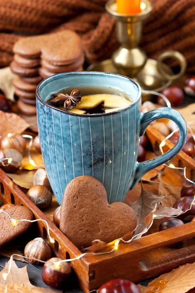 Composition Tea Cup Gingerbread Cookies Sugar Nuts Selective Focus Shallow — Stock Photo, Image