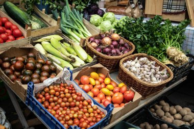 Sokak pazarında renkli sebzeler, sonbahar hasadı