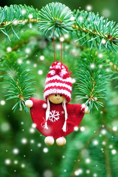Christmas Toy Green Fir Tree Branch Outdoors Close Selective Focus — Stock Photo, Image