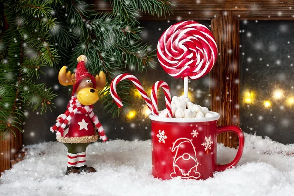 Ceramic Mugs Filled Hot Chocolate Marshmallows Toy Figure Christmas Holiday — Stock Photo, Image