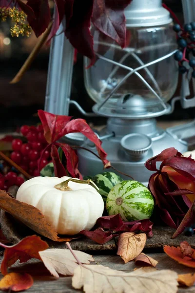 Petites Citrouilles Décoratives Feuilles Automne Sur Fond Bois — Photo