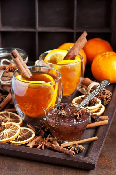 Hot Tea Lemon Spices Healthy Drink Hot Winter Autumn Beverage — Stock Photo, Image