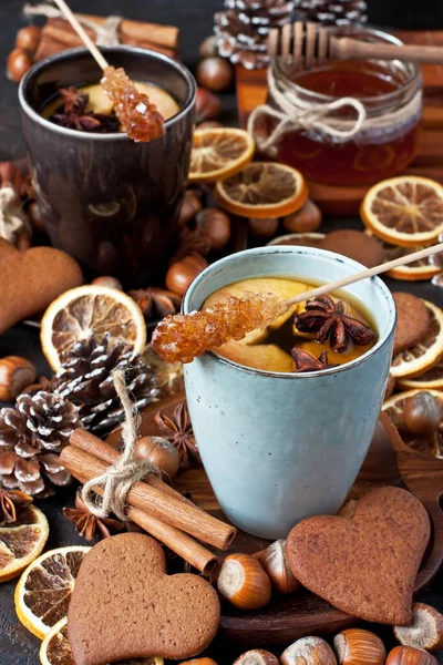 Xícara Chá Com Maçã Sigar Fundo Rústico Madeira Bebida Saudável — Fotografia de Stock