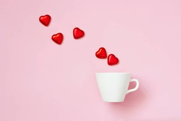 Valentines Day Greeting Card White Coffee Cup Sweet Candy Heart — Stock Photo, Image