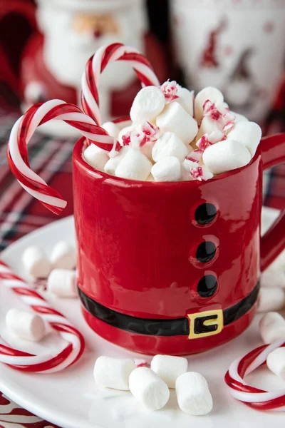 Tasse Cremige Heiße Schokolade Mit Geschmolzenen Marshmallows Und Zuckerrohr Für — Stockfoto