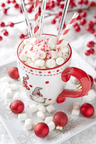 Taza Cerámica Llena Chocolate Caliente Malvaviscos Fondo Nieve Para Las — Foto de Stock