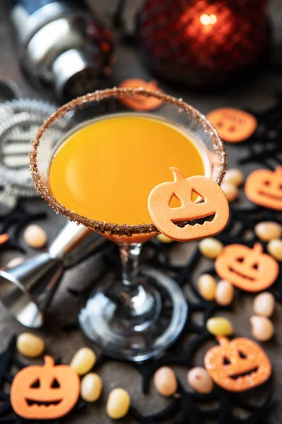 Halloween Orange Cocktail Food Concept Glasses Spooky Holiday Decorations Dark — Stock Photo, Image