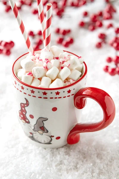 Ceramic Mug Filled Hot Chocolate Marshmallows Snow Background Christmas Holiday — Stock Photo, Image
