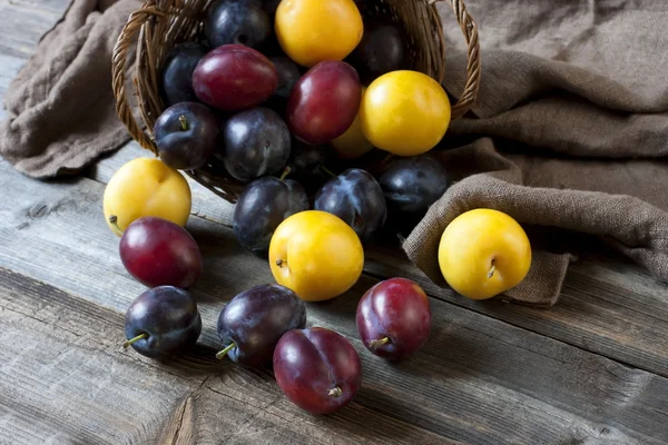 Mature round blue plums  in wicker baskets — Stock Photo, Image