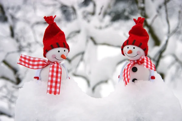 Deux bonhommes de neige souriants amis dans la neige — Photo
