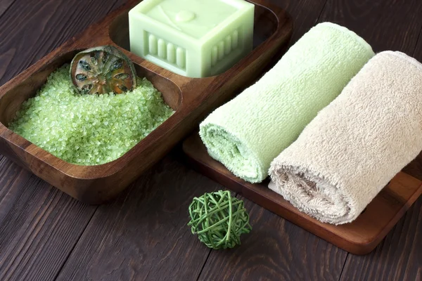 Spa composition with towels and soap — Stock Photo, Image