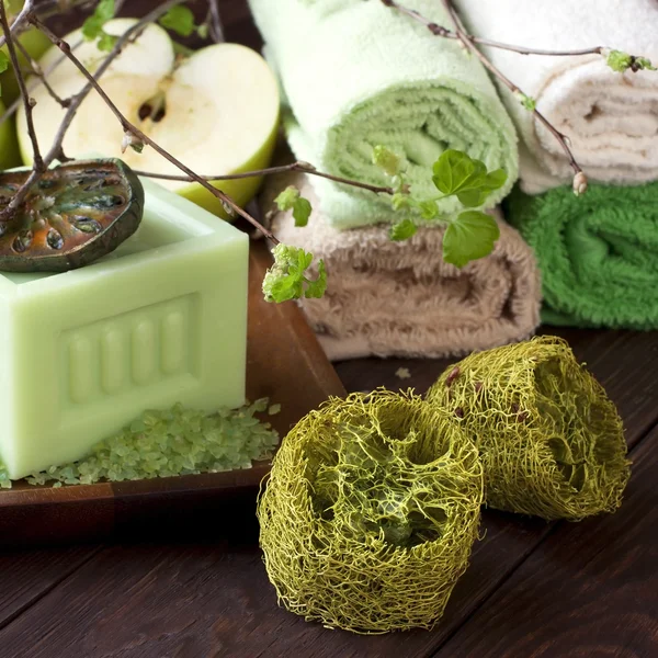 Spa  soap with bathroom towels — Stock Photo, Image