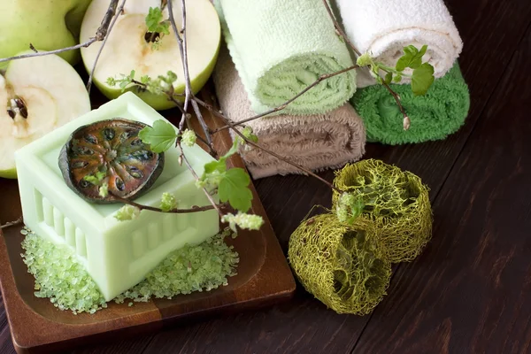 Spa  soap with bathroom towels — Stock Photo, Image