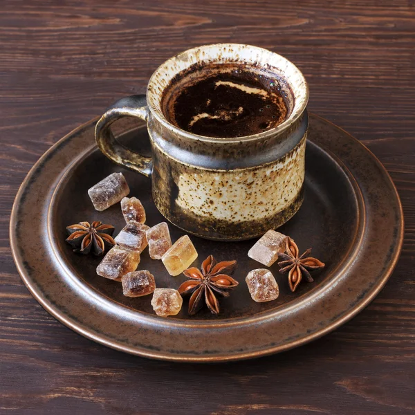 Koffie en bruine suiker — Stockfoto