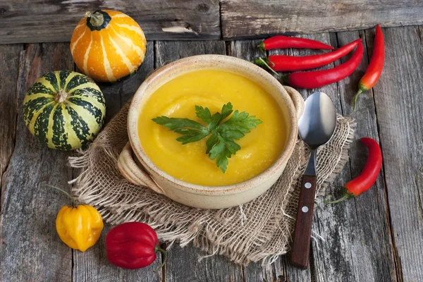 Kürbissuppe und roher Kürbis — Stockfoto