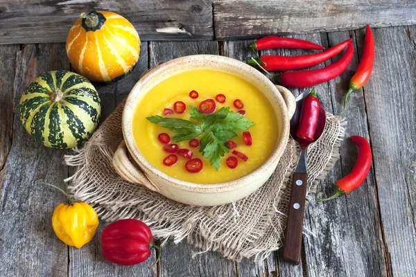 Kürbissuppe und roher Kürbis — Stockfoto