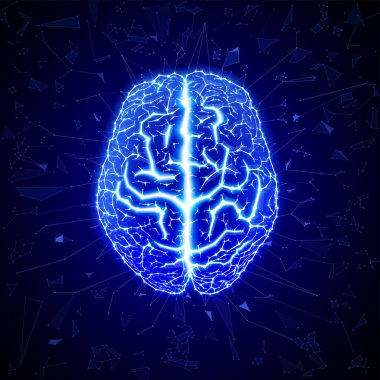 Koyu mavi arka planda düzenlenmiş geometrik şekilleri kullanarak üst insan beyninin modern teknolojik bir çizimi. Tıp bilimi, reklamcılık, ticari ve endüstriyel alanlarda kullanılır.