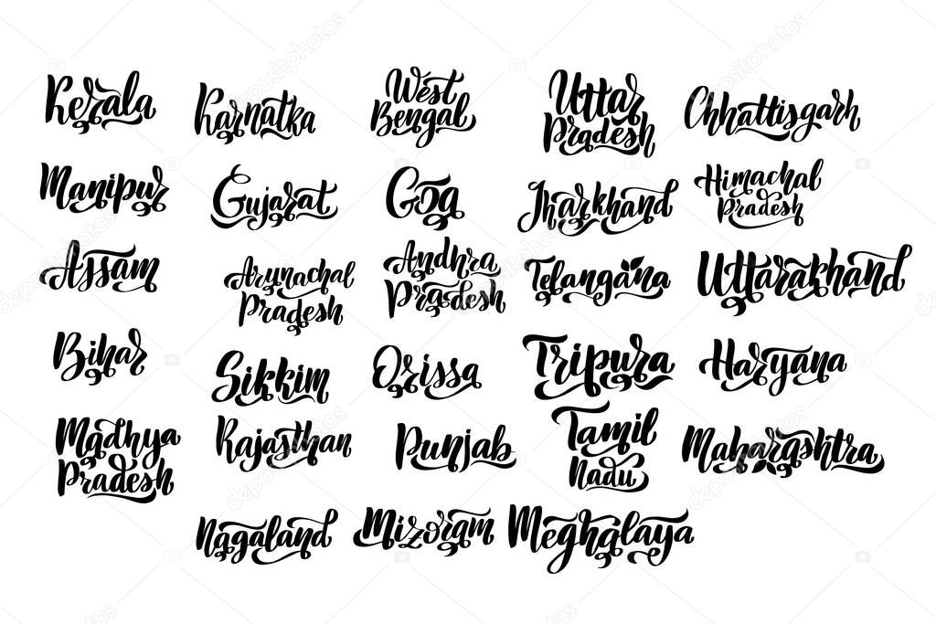 States of India. Handwritten stock lettering set ink typography.