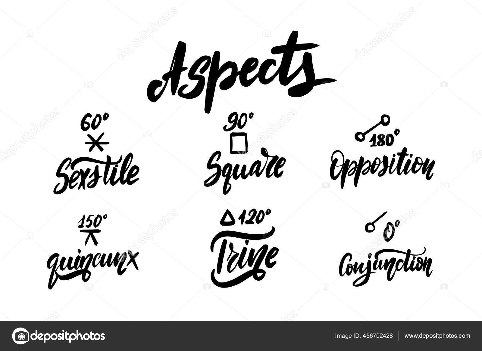 Aspectos astrológicos - símbolos de la carta natal natal. Escritura a mano  de tinta negra. Vector de stock #456702428 de ©Selentaori, image size:1600x1167